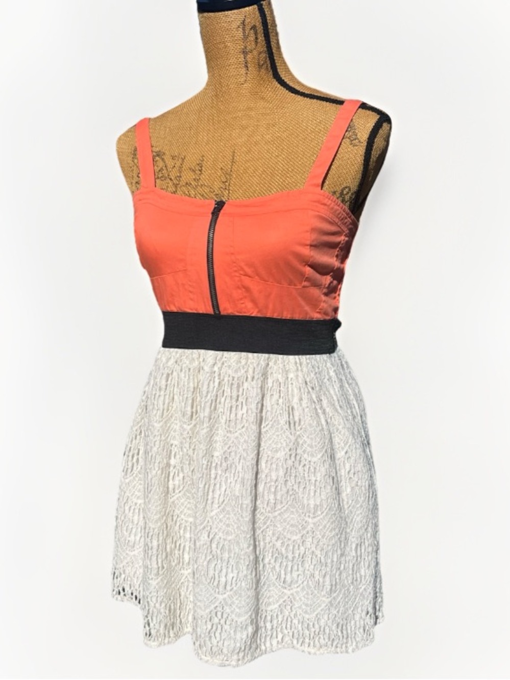 Empyre Colorblock Denim Lace Smocked Mini Dress Orange Size Medium